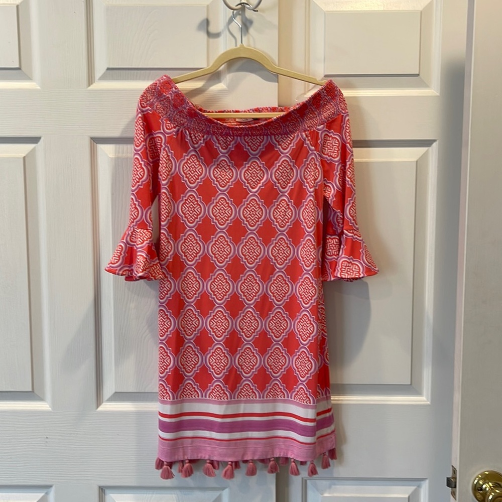Cabaña Life Coral, white, lavender print, sexy off the shoulder dress Sz Small